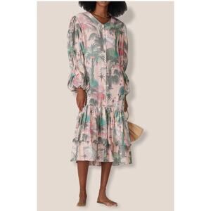 LoboRosa Pink Floral Puff Sleeve Palms Button Front Up Dress Size Large